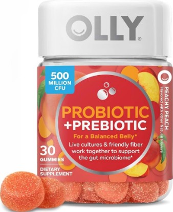Picture of OLLY Probiotic + Prebiotic Gummy, 500 million CFUs, Peachy Peach - 30 Count | Gut Health Support, 500 million CFU of Bacillus Coagulans & Prebiotic FOS, Gluten Free, No Synthetic Colors or Flavors