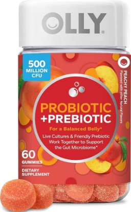 Picture of OLLY Probiotic + Prebiotic Gummy, 500 million CFUs, Peachy Peach - 60 Count | Gut Health Support, 500 million CFU of Bacillus Coagulans & Prebiotic FOS, Gluten Free, No Synthetic Colors or Flavors