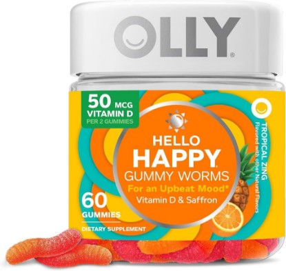 Picture of OLLY Hello Happy, Mood Support Gummies for Adults*, Vitamin D - 60 Count | Cognitive Support, Saffron Extract & Vitamin D, Gluten Free, No Synthetic Colors, No Synthetic Flavors