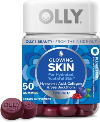 Picture of OLLY Glowing Skin, Hydrated & Youthful Skin*, Hyaluronic Acid - 50 Count | Beauty Support, Hyaluronic Acid, Collagen Peptides & Sea Buckthorn, Gluten Free, No Synthetic Colors, No Synthetic Flavors