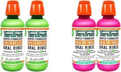 Picture of TheraBreath Fresh Breath Oral Rinse, Mild Mint, 16 Ounce Bottle (Pack of 2) and 24 Hour Healthy Smile Dentist Formulated Oral Rinse, 16 Ounce (Pack of 2)