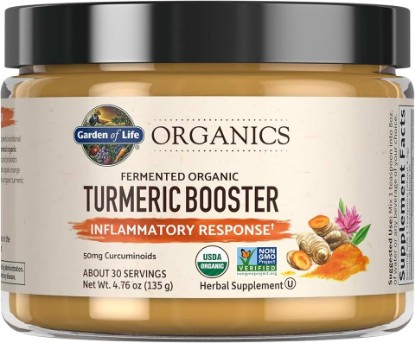 Picture of Garden of Life Organics Turmeric Booster Inflammatory Response Powder - 30 Servings, 50mg Curcumin (95% Curcuminoids) & Probiotics, Organic Non-GMO Vegan & Gluten Free Herbal Supplements | Fermented Turmeric, Vitamin C, Probiotics & Ginger Root - Recovery Powder & Sleep Support, Gluten-Free, Vegan, 30 Servings USDA Organic