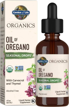 Picture of Garden of Life Organics Oil of Oregano Seasonal Drops 1fl oz (30 mL) Liquid, Concentrated Plant Based Immune Support - Alcohol-Free, Organic, Non-GMO, Vegan & Gluten Free Herbal Supplements | Immune Support with Concentrated Oregano & Extra Virgin Olive Oil, Plant Based Supplememt, Non-GMO, Gluten-Free, Alcohol-Free USDA Organic