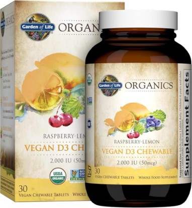 Picture of Garden of Life Organics Vegan Vitamin D3 Chewable - Raspberry Lemon, 2,000 IU (50mcg) Whole Food Vitamin D3 from Lichen Plus Food & Mushroom Blend, Gluten Free, 30 Chewable Tablets | V11 Organic Mushrooms - Vitamin D3 Supplement for Immune Support & Bone Health, USDA Organic, Raspberry Lemon Flavored USDA Organic