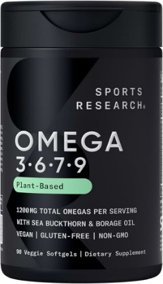 Picture of Sports Research Vegan Omega 3·6·7·9 Complex 1635mg, 90 Count Plantgels™ | Sourced from Organic Flaxseed, Olive Oil, Sea Buckthorn, Pomegranate Seed, Sacha Inchi, Borage Oil