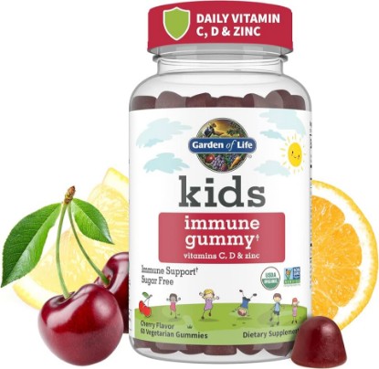 Picture of Garden of Life Kids Immune Support Gummies with Vitamin C, D as D3 & Zinc for 3-in-1 Daily Children’s Immunity – Organic, Non-GMO, Gluten-Free, Vegetarian, Sugar Free, Cherry Flavor, 30 Day Supply | Vitamin D as D3 & Zinc for 3-in-1 Daily Children's Immunity, Organic, Non-GMO, Gluten-Free, Vegetarian, Sugar Free, Vitamin C USDA Organic