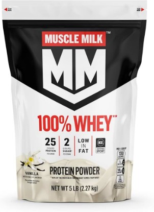 Picture of Muscle Milk 100% Whey Protein Powder, Vanilla, 5 Pound, 68 Servings, 25g Protein, 2g Sugar, Low in Fat, NSF Certified for Sport, Energizing Snack, Workout Recovery, Packaging May Vary
