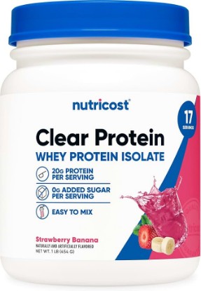 Picture of Nutricost Clear Whey Protein Isolate Powder (Strawberry Banana) 1 LB - 20g Protein Per Serving, Zero Added Sugar, Easy-Mix WPI Drink, Gluten-Free, GMO-Free, 17 Servings