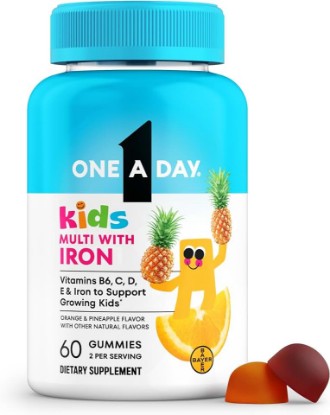 Picture of ONE A DAY Kids Multivitamin with Iron Gummy, Vitamin D, Vitamin C, E, Zinc for Immune Support, Gummy Vitamins, Kids Multivitamin Gummies with Iron, Orange & Pineapple Flavor, 60 Ct(Packaging May Vary)