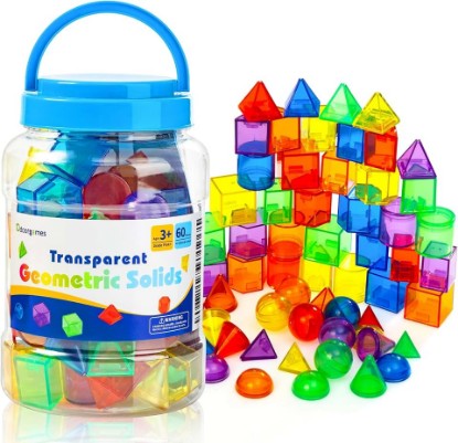 Picture of 60 Pieces 3D Shapes for Teaching, Light Table Manipulatives | 6 Colors & 10 Shapes, Geometric Solids for Kids, Translucent Toys