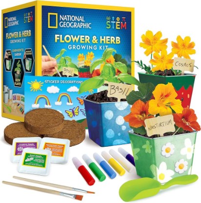 Picture of National Geographic Flower and Herb Gardening Activity Kit for Kids | 3 Stainless Steel Pots, Paint and Stickers, Flower and Herb Seeds, Plant Growing, Outdoor Learning, Craft Activity