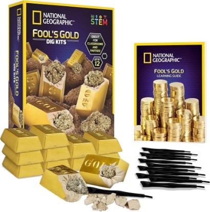 Picture of National Geographic Fool's Gold Dig Kit with 12 Gold Bar Dig Bricks | 12 Gold Bar Dig Bricks, 2-3 Pyrite Specimens in Each, 12 Excavation Tool Sets, Party Activity, Birthday Gift