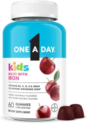 Picture of ONE A DAY Kids Multivitamin with Iron Gummy, Vitamin D, Vitamin C, E, Zinc for Immune Support, Gummy Vitamins, Kids Multivitamin Gummies with Iron, Cherry Flavor, 60 Count (Packaging May Vary)
