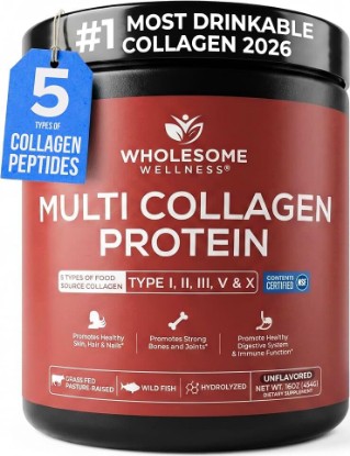 Picture of Wholesome Wellness Premium Multi Collagen Peptides Protein Powder for Women and Men, 5 Types of Hydrolyzed Collagen, Grass-Fed, Non-GMO & Unflavored, Pure Protein for Youthful Skin & Joint Recovery