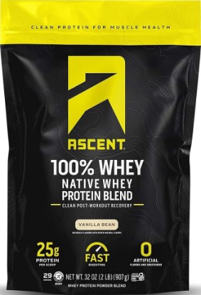 Picture of Ascent 100% Whey Protein Powder - Post Workout Whey Protein Isolate, Zero Artificial Flavors & Sweeteners, Soy & Gluten Free, 5.5g BCAA, 2.6g Leucine, Essential Amino Acids, Vanilla Bean 2 lb