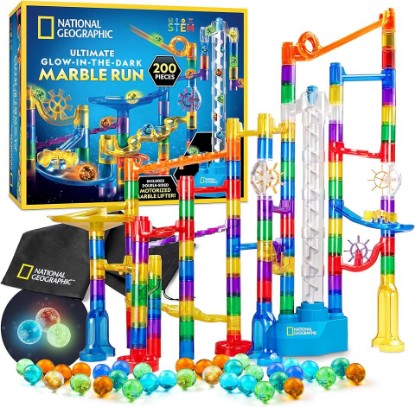 Picture of National Geographic Glow-in-the-Dark Motorized Marble Run for Kids 8-12 | 200-Piece Marble Maze Game, Building Toy with Double-Sided Motorized Elevator, 20 Glowing Marbles, Race Track Set, STEM Toy