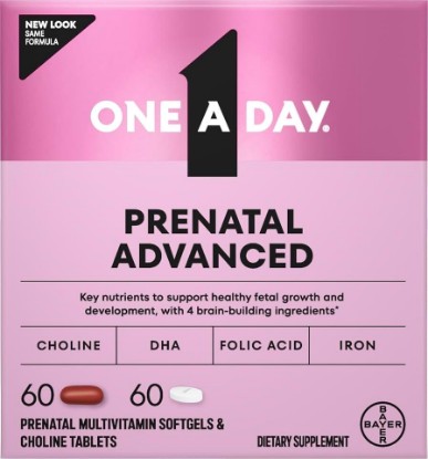 Picture of ONE A DAY Prenatal Advanced- Prenatal Vitamins with Folic Acid, Choline, DHA & Iron, Pregnancy Vitamins for Women to Support Baby’s Development, 60+60 Ct (120 Total Set) (Packaging May Vary)