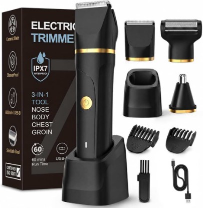 Picture of Beard Trimmer for Men,Manscape 3-in-1 Electric Razor Groin Groomer,IPX7 Waterproof Wet/Dry,Versatile Body Hair Trimmer for Ball/Beard/Nose,USB Rechargeable & Nose/Shaves Head,Christmas Gifts for Men