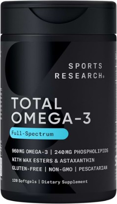 Picture of Sports Research Total Omega-3 Fish Oil 2200mg w/Astaxanthin, 120 Count | Made from Antarctic Krill w/Astaxanthin, Wild Sockeye Salmon & Alaska Pollock - 960mg of EPA & DHA - 60 Servings