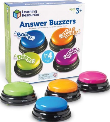 Picture of Learning Resources Answer Buzzers, Set of 4 | Classroom Must Haves, Teacher Supplies, Sound Effect Button, Family Game Shows, Buzzers for Trivia, Participation Tools