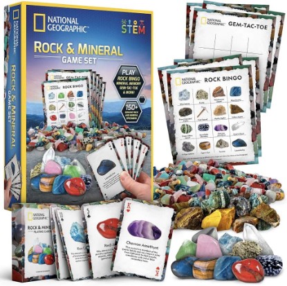 Picture of National Geographic Rock Bingo and Gemstone Trivia Game for Kids | 150+ Rocks and Minerals, Rock Bingo, Mineral Memory, Gemstone Trivia and Card Games, Geology Learning, Family Game