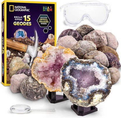 Picture of National Geographic Break Open 15 Premium Geodes Science Kit for Kids | Extra-Large Natural Specimens, Safety Goggles, Real Crystals Inside, Break Your Own Geodes, Earth Science, Birthday Gift