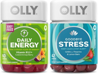 Picture of OLLY Daily Energy and Goodbye Stress Starter Pack Bundle, for A Steady Flow of Energy, Keep Calm & Stay Alert, 60 and 42 Count