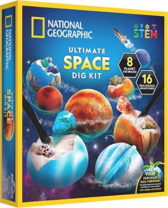 Picture of National Geographic Space Gemstone Dig Kit with 16 Real Specimens | 8 Planet-Shaped Dig Bricks, 16 Rocks and Gemstones, Excavation Activity, Space Science, Gem Mining, Birthday Gift