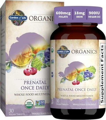 Picture of Garden of Life Organics Prenatal Once Daily with Folate, Vitamin C, B6, B12 & D3 – Prenatal Vitamins for Women with Energy Metabolism Support for Healthy Fetal Development, Non-GMO, Vegan, 30 Tablets | Folate, Vitamin C, B6, B12 & D3, Vitamins for Women, Energy Metabolism Support for Healthy Fetal Development, Non-GMO, Vegan USDA Organic