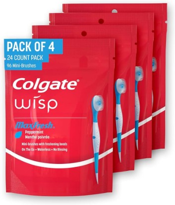 Picture of Colgate Wisp Disposable Toothbrushes for Travel, Pack of 4, 96 Total Count | No Water Needed, Mini Travel Toothbrushes, No Rinsing, Soft Pick for Hard-to-Reach Areas, MaxFresh Peppermint Flavor