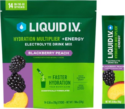 Picture of Liquid I.V. Hydration + Energy Electrolytes, BlackBerry Peach, 14 Count | Scientifically Formulated | Natural Caffeine | Crash-Free Energy | No Artificial Sweeteners | Non-GMO | Powder Drink Mix