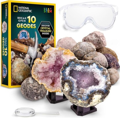 Picture of National Geographic Break Open 10 Premium Geodes for Kids Ages 8-12 | Safety Goggles, Real Crystal Geodes, Geology Science Kit, Break Your Own Geodes, STEM Activity, Birthday Gift