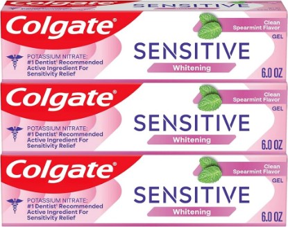 Picture of Colgate Whitening Sensitive Toothpaste Gel, Clean Spearmint, 3 Pack, 6 oz | With Potassium Nitrate for Sensitivity Relief, Safely Removes Surface Stains for Whiter Teeth, Promotes Healthy Gums