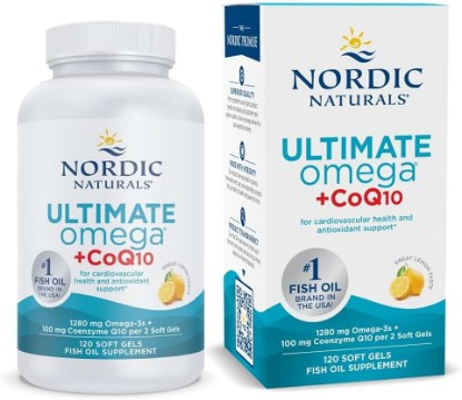 Picture of Nordic Naturals Ultimate Omega + CoQ10, Lemon Flavor - 120 Count | 1280mg Omega-3 + 100mg CoQ10 for heart health & cellular energy. Antioxidant. Non-GMO soft gels. 60 servings.