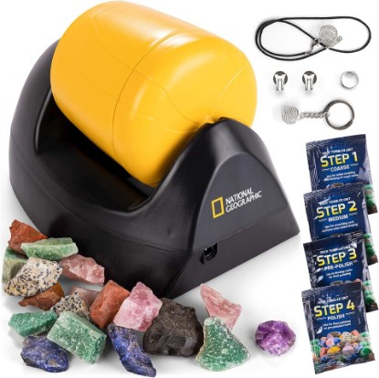 Picture of National Geographic Starter Rock Tumbler Kit for Kids and Adults | Leak-Proof Rubber Barrel, 1/2 Lb. Rough Gemstones, 4-Stage Polishing Grit, Jewelry Fastenings, Geology Hobby, Birthday Gift