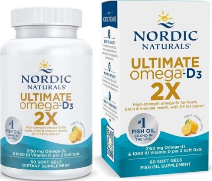 Picture of Nordic Naturals Ultimate Omega 2X w/Vitamin D3, 2150mg EPA+DHA - 60 Count | Omega-3 + vitamin D3 in one. 2150mg EPA+DHA + 1000 IU D3 for heart, brain & immune health. Lemon flavor, 60ct, 30 servings