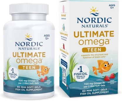 Picture of Nordic Naturals Ultimate Omega 2X Teen, Strawberry - 60 Mini Soft Gels - 1120 mg Total Omega-3s with EPA & DHA - Brain Health, Positive Mood, Social Development, Learning - Non-GMO - 30 Servings | 2X for teens. EPA+DHA supports brain, mood & social development. Mini soft gels, strawberry flavor, non-GMO, 30 servings