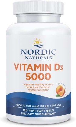 Picture of Nordic Naturals Vitamin D3 5000 IU,Non-GMO, Orange - 120 Mini Softgels | High-potency vitamin D3 for bone health, mood support & immune function. One mini softgel daily. Non-GMO. 120 servings
