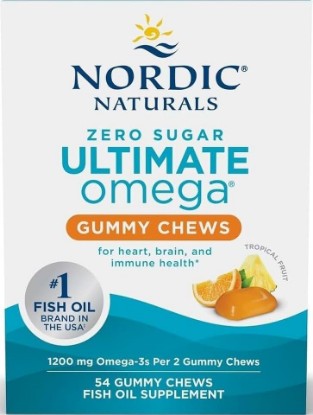 Picture of Nordic Naturals Omega 3 Gummies - Ultimate Omega - 54 Count - Tropical | Tropical Fruit gummies. Zero sugar. High-potency omega-3 (Ultimate Omega formula). Heart & brain support. Non-GMO. 54 count.