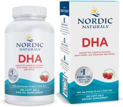 Picture of Nordic Naturals DHA Supplement, 830mg Omega-3 Fish Oil - 180 Soft Gels | High-intensity DHA formula for brain & nervous system support. Non-GMO. Strawberry flavor. 90 servings.