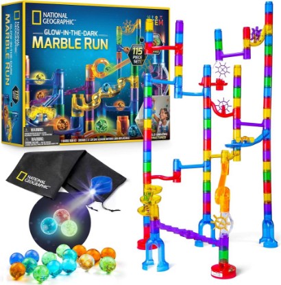 Picture of National Geographic Glow in the Dark Marble Run 115-Piece Set for Kids | 25 Glow in the Dark Glass Marbles, Track and Action Pieces, Marble Maze, Creative Construction, STEM Physics Toy, Storage Bag