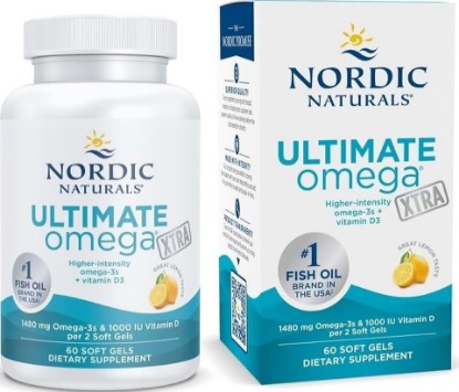 Picture of Nordic Naturals Ultimate Omega Xtra, 1480mg + 1000 IU D3, EPA&DHA 60 Count | Brain, heart & immune support. 1480mg EPA+DHA for brain & heart health. 1000 IU D3 for immune health. Lemon, 30 Servings