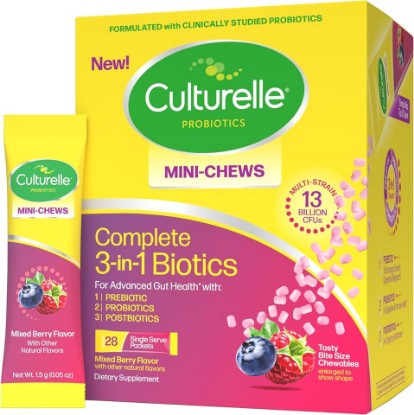 Picture of Culturelle Complete 3-in-1 Biotics Mini-Chews Daily Probiotic, 28 Ct | Prebiotics + Probiotics + Postbiotics, 13B CFUs, Digestive Gut Health, Occasional Bloating & Gas Relief*, Sugar-Free‡