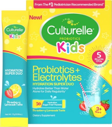 Picture of Culturelle Kids Probiotics + Electrolytes, Strawberry Lemonade, 30 Packets | From the #1 Pediatrician Recommended Brand± Hydration Support, Probiotoics for Digestion & Regularity*, Ages 3+, Sugar Free‡