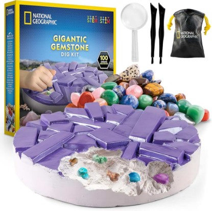 Picture of National Geographic Gigantic Gemstone Dig Kit with 100 Real Gems | Giant Dig Brick, Amethyst Quartz and Tiger's Eye, Gem Mining Activity, Excavation Tools, Magnifying Glass, Birthday Gift
