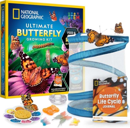 Picture of National Geographic Ultimate Butterfly Growing Habitat Kit for Kids | Voucher for 5 Caterpillars, Mesh Butterfly Habitat, Glow-in-the-Dark Figures, Metamorphosis Science, Outdoor Learning