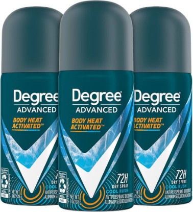 Picture of Degree Men Travel Deodorant, Mini Cool Rush, Spray 3-Pack, 1 Oz Ea | Travel-Size Deodorant Spray & Stick Bundle | 72H Non-Stop Odor & Sweat Protection | Body Heat Activated | Crisp, Sporty Scent