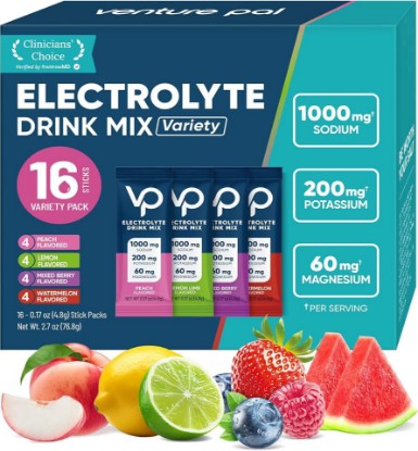 Picture of Venture Pal High Sodium Sugar-Free Electrolytes Powder Packets, 16 Sticks | Hydration Packets with Sodium, Potassium & Magnesium, Zero Calories, Keto, Vegan, and Paleo Friendly