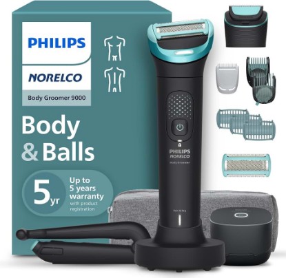 Picture of Philips Norelco Body Groomer 9000, Body & Balls, Dual Head Trimmer & Shaver | Dual Head Trim & Shave, UV Sanitizer Cube, 11 Lengths, Bi-Directional Shave Combs, 120-Min Runtime, Showerproof, BG9485/50