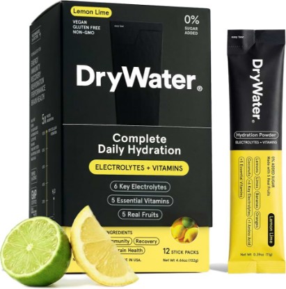 Picture of DryWater Electrolytes + Vitamins Hydration Packets, Lemon Lime 12 Pack | High Potassium, Electrolytes Powder Drink Mix for Hydration - Real Organic Fruit, Zero Added Sugar, NSF Certified